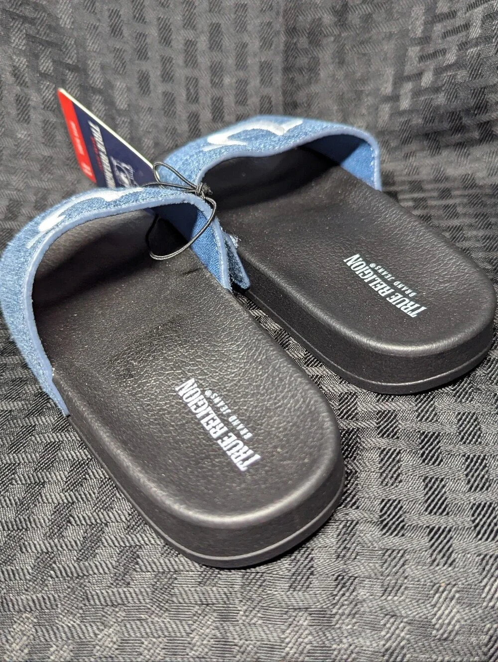 Denim & Black True Religion Logo Slide Sandals